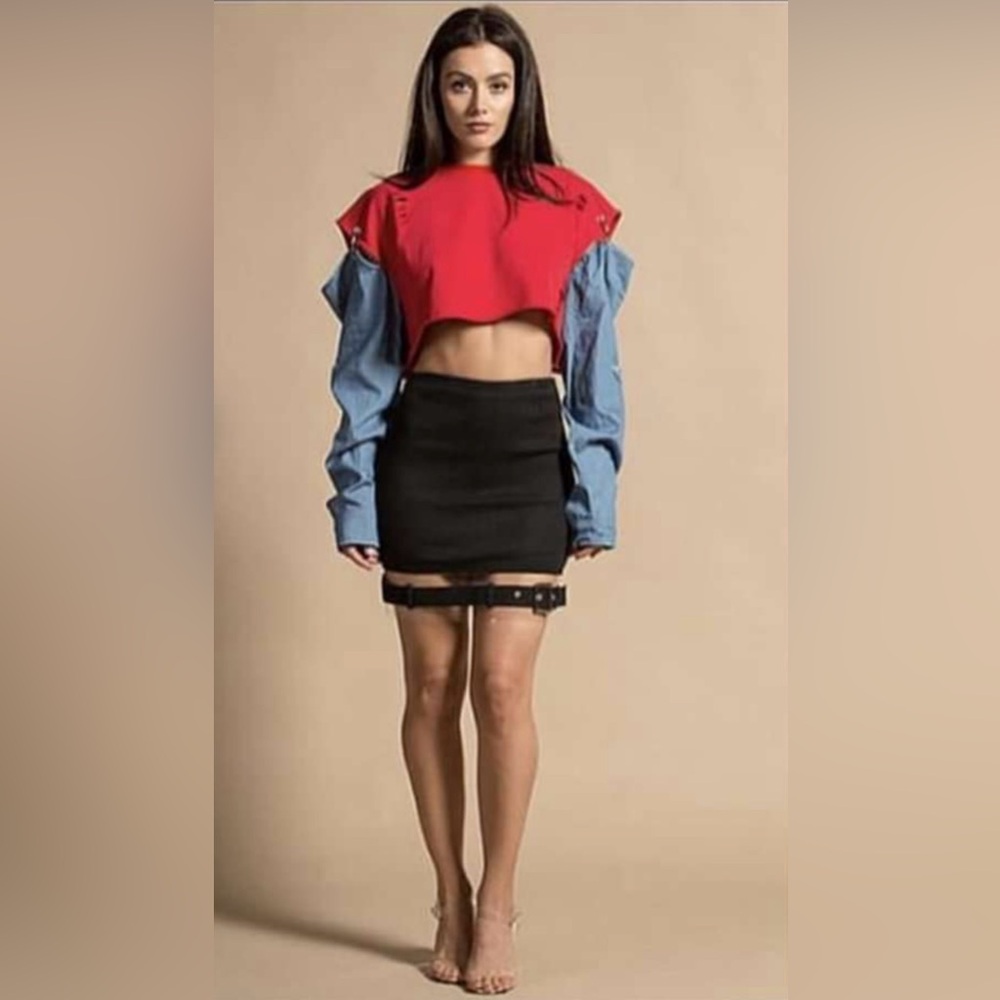 BRAND NEW EITH TAGS REHAB CROPPED DISTRESSED SWEATSHIRT WITH HOOP DENIM SLEEVES!